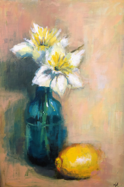Daffodils with lemon, Acrylic on board, 24 x 35cm, £140